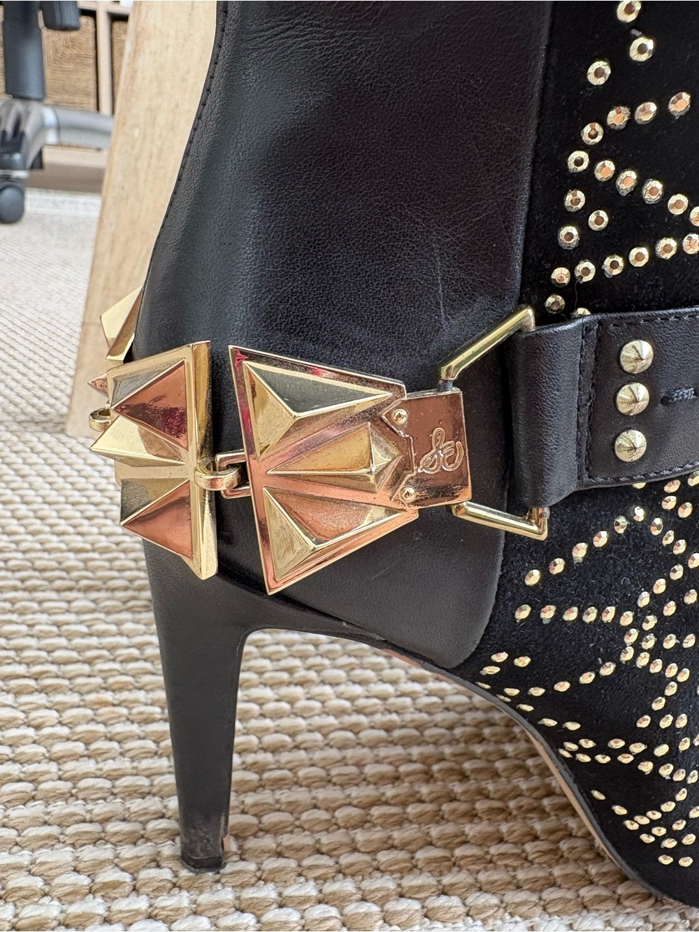 Sam Edelman Black Studded Pointed-Toe Ankle Booties with Gold Accents - Picture 6 of 11
